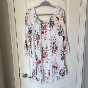 Floral High Low Dress in White with Red and Blue Accents